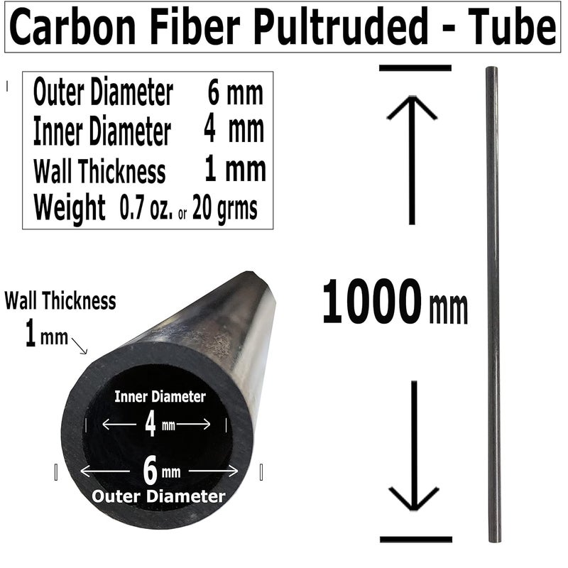 KARBXON – Carbon Fiber Tube - 6mm X 4mm x 1000mm – Pultruded Round Hollow Carbon Fiber rods Black Matte Finish - Pure Carbon Fibre Hollow Tube shafts - for RC Planes-Drones, Boat DIY Craft Projects - Image 2